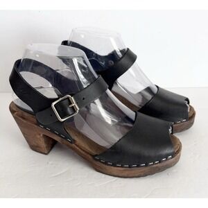 Lotta's Of  Stockholm Wooden Peep Toe Nubuck Clog Sandals Black 37 EU 7 US Heel